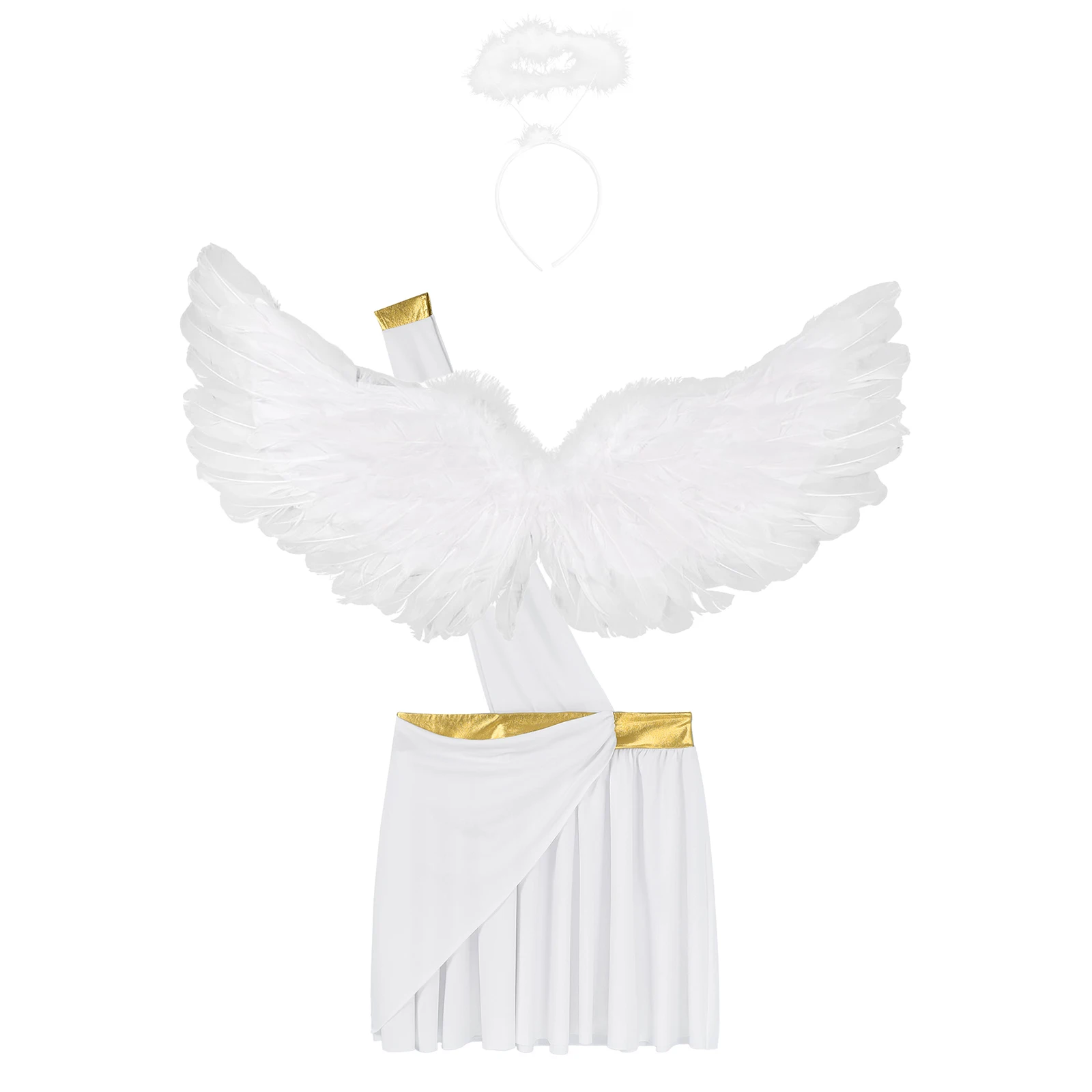 Men's Angel Cosplay Costume Halloween Theme Party Role Play Sets Ruffle Skirts with Angel Wings and Hairband Fallen Angel Outfit - Image 3