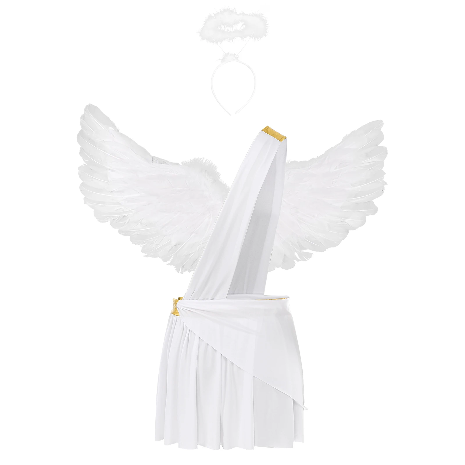 Men's Angel Cosplay Costume Halloween Theme Party Role Play Sets Ruffle Skirts with Angel Wings and Hairband Fallen Angel Outfit - Image 2