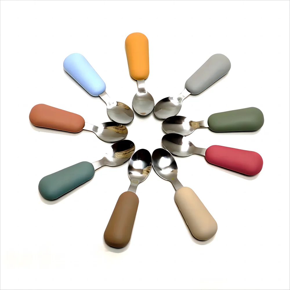 Children Fork Spoon Set Baby Fork Spoon Short Handle Stainless Steel Silicone Fork Spoon Baby Supplement Fork Spoon - Image 2