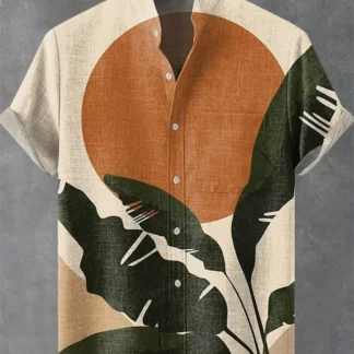 New men's linen short sleeved shirt with summer casual octopus pattern print, fashionable clothing top