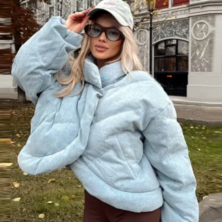 Irregular Cotton Coat Women Blue High Neck Long Sleeves Button Pocket Loose Thicken Jacket 2025 Winter Fashion Warm Lady Outwear