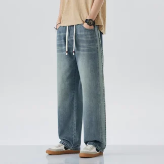 Summer Thin Soft Men’s Wide Leg Jeans Vintage Loose Fit Baggy Straight Denim Pants Streetwear Retro Elastic Drawstring Waist man