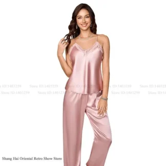 Female Suspender Pajamas Set Sleepwear Sexy Lace Lingerie Pijamas Suit Summer New Ice Silk Home Clothes Loose Lounge Wear Pyjama