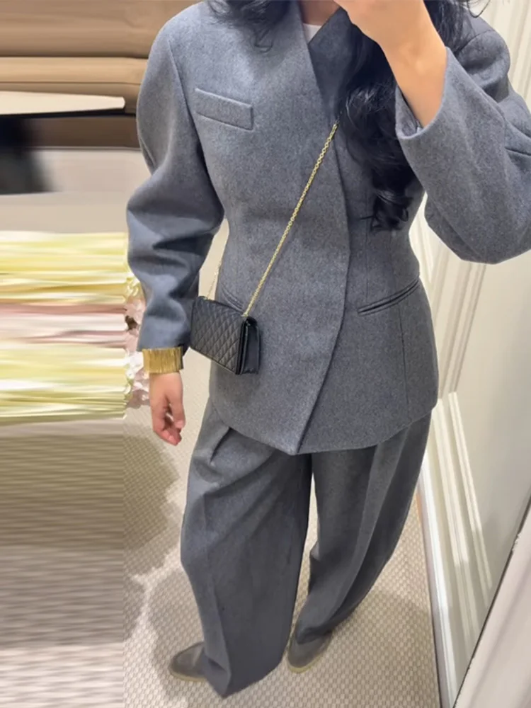 Casual Solid Women's Woolen Coat Trouser Suits Lapel Waist-Closed V-Neck Straight Pants Lady Set 2026 Spring 2 Pieces Set Women - Image 6