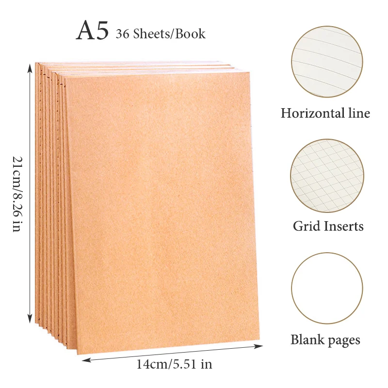 5Pcs A5 B5 A4 Notebook,36 Sheets/72 Pages/Book,Kraft paper And Black Cover,Office Study Notes Supplies QP-09 - Image 6