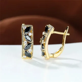 Huitan New Women Hoop Earrings with Marquise Black Cubic Zirconia Luxury Gold Color Earrings Wedding Temperament Lady Jewelry