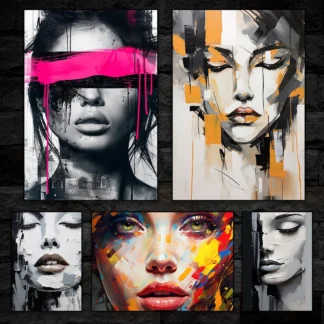 Abstract Woman Portrait Canvas Wall Art Poster Chic Woman Face Art Print Modern Black and White with Pink Prints Bedroom Decor
