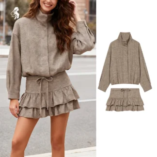 Fashion Tweed Co-ord for Women: Long Sleeve Jacket & Tiered Mini Skirt Set for Stylish Daily Look