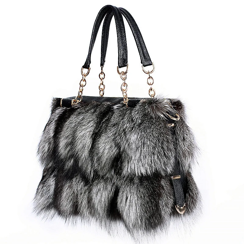 Winter Fox Fur Bag Women's Fur Bag Fashion Fur Handbag Ladies Bags Purses Women Shoulder Bag Real Silver Fox Fur Messenger Bags - Image 3