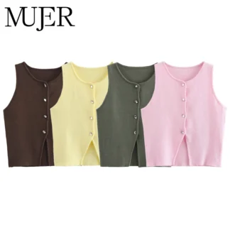 MUJER Pink Knit Sleeveless Vest Women Cropped Sweater Vest Top Women Yellow Button Vests Women Streetwear Waistcoat Knitwears