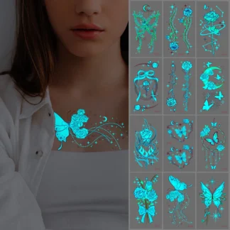 12 Sheets Glow in Dark Rose Butterfly Tattoo Stickers - Small Sexy Waterproof Temporary Tattoos for Women, Party Music Festival