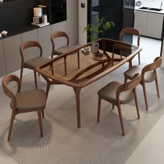 Tempered glass dining table light luxury household small apartment dining table modern simple rectangular solid wood dining tabl
