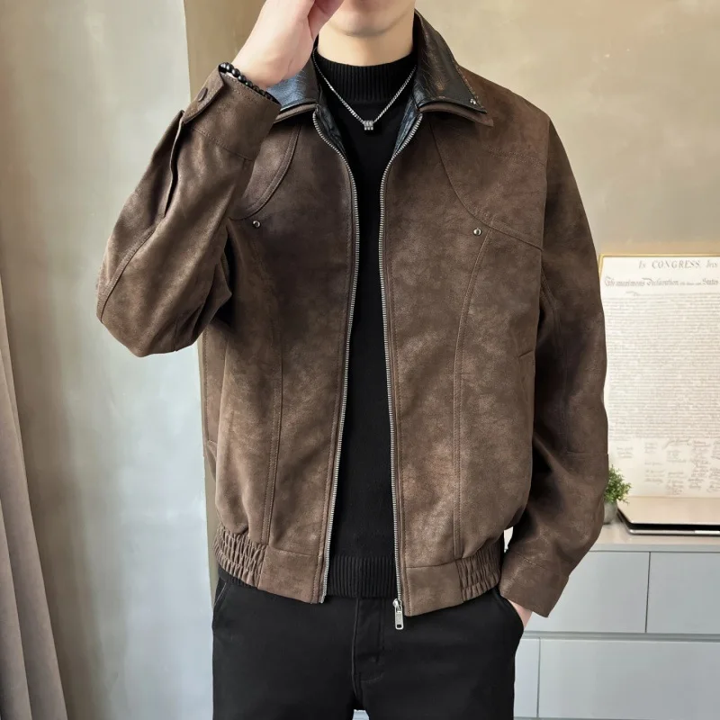 Autumn Man Leather Jacket Vintage Punk Contrast Color Patchwork Turn Down Collar Male Coat Long Sleeve Windproof Men Outerwear - Image 5