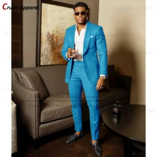 Blue Shawl Lapel Suit Male 2 Pieces Tailored Groom Wedding Suits Tuxedo Best Man Blazer Pants Trendy Fashion Marriage Costume