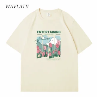 WAVLATII Women New Comics Flowers Printed T shirts Female Beige Streetwear Summer Tees Lady Casual Short Sleeve Tops WT2329