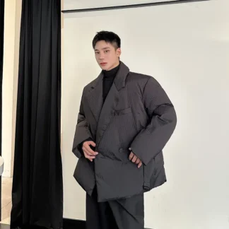 Lapel Men's Winter Down Jacket With Stripes, Thickened Parka For Man, Korean Solid Color Oversize Coats