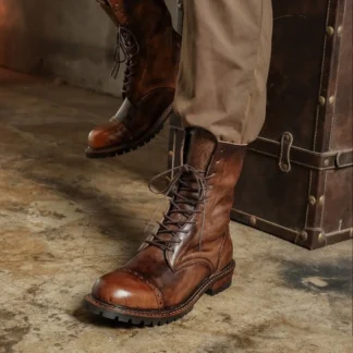 Men's Cow Genuine Leather Motorcycle Boots Brogue Shoes Retro High Round Toe Mid-calf Western Chelsea Boots Brown Lace-up