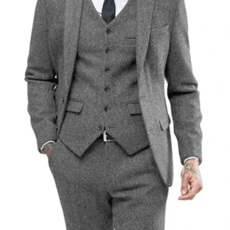 Men’s 3 pieces Silm Fit Bussines Men Suit Herringbone Woolen Groom Tuxedos Two Buttons Blazer For Wedding (Blazer+Vest+Pants)