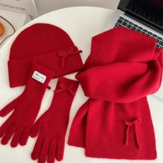 Winter Korean Version Knitted Scarf Gloves Hat Three-piece Set Women's Fashion Versatile High-end Sense Solid Color Bow Scarf