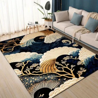 Wave and Cloud Design Rug – Deep Blue with Gold Accents, for Living Room Bedroom Home Decor