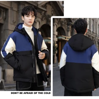 Men's casual hooded down jacket with three color splicing design, hooded windproof and warm multi pocket workwear jacket