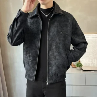 Autumn Man Leather Jacket Vintage Punk Contrast Color Patchwork Turn Down Collar Male Coat Long Sleeve Windproof Men Outerwear