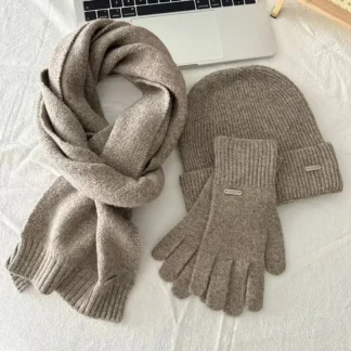 2025Knitted hat scarf gloves three piece set solid color wool autumn and winter warm versatile hat windproof casual scarf