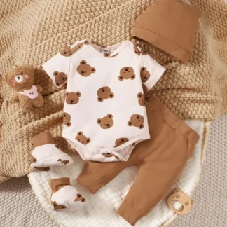 4PCS Clothing Set 0-9 Months Newborn Baby Boy Bear Short Sleeve Romper+Pants+Hat+Sock Infant Baby Full Moon Photography Outfits