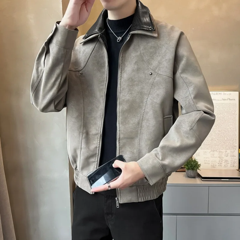 Autumn Man Leather Jacket Vintage Punk Contrast Color Patchwork Turn Down Collar Male Coat Long Sleeve Windproof Men Outerwear - Image 3