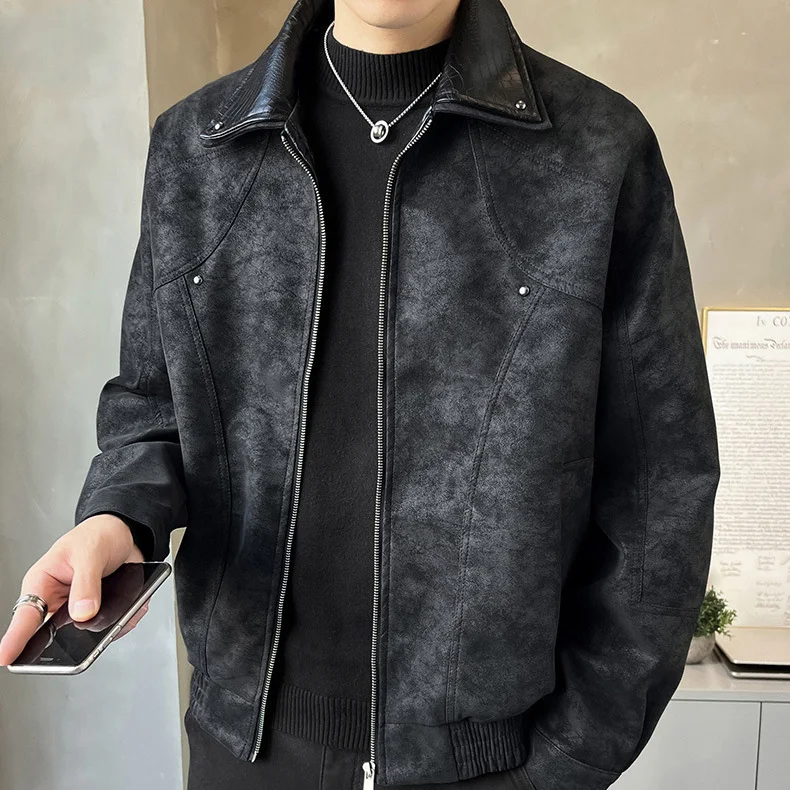 Autumn Man Leather Jacket Vintage Punk Contrast Color Patchwork Turn Down Collar Male Coat Long Sleeve Windproof Men Outerwear - Image 2