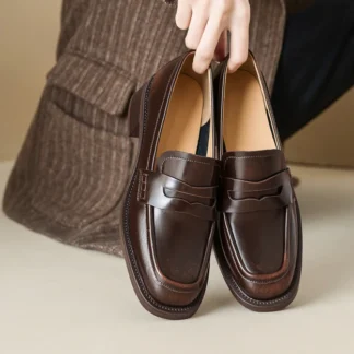 EAGSITY Cow leather penny loafer slip on shoes women shoes casual office lady casual shoes outdoor sneaker style street footwear