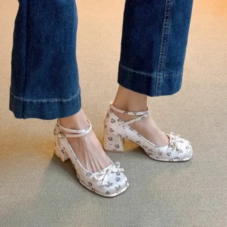 French Butterfly Knot Flat Heels Beautiful Comfortable Thick Heel round Head Mary Jane Flower Holiday Single Shoes for Women