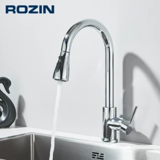 Rozin Chrome Kitchen Faucet Deck Mounted Pull Out Spout Kitchen Sink Mixer Tap Single Level Stream Sprayer Nozzle Mixer Tap