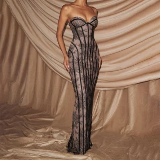 Chic Gauze Fishbone Strapless Dress Women Backless Off-shoulder Waist Cinching Slim Maxi Dresses 2026 Lady Evening Party Gowns