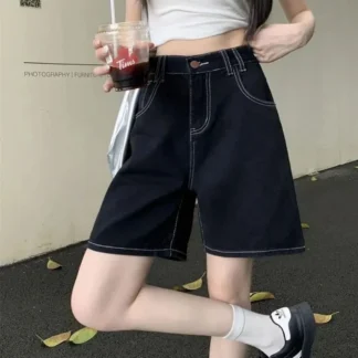 Summer High Street Lady Casual Short Jeans Girls High Waist Straight Leg Thin Pants Women Fashion Solid Denim Shorts