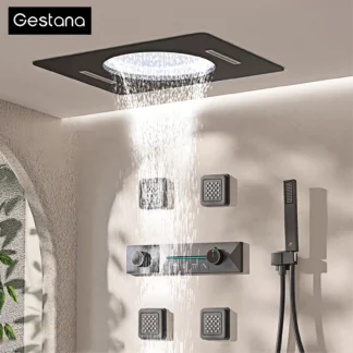 Gunmetal Gray Ceiling Mounted 4-Function Waterfall Shower System with Embedded Brass Thermostatic LED Display Body for Bathroom