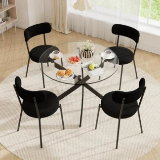 36" Round Glass Dining Table Set for 4 with Metal Legs & Boucle Chairs Modern Kitchen, Customized