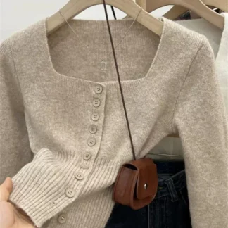 2026 Fashion New Women's Autumn New Simple Square Collar Slim Button-up Top Korean Style Sweater Knitted Cardigan Clothes