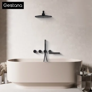 Matte Black Brass Wall Mounted Rainfall Shower System 3-Function Minimalist Style Hot Cold Water Bathroom Bathtub Faucet