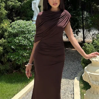 Dulzura Summer Fashion Elegant O-Neck Sleeveless Ruched Slim Fit Long Dress Women'S Solid Casual Dress Party Club Street Clothes