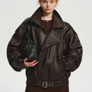 Lautaro Spring Autumn Cool Brown Oversized Pu Leather Jacket Women Long Sleeve Zip Up Luxury Designer American Retro Clothing