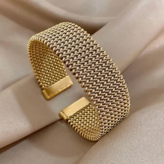 Vintage Weave Golden Cuff Bracelets for Women Elegant Trendy Stainless Steel Chunky Bracelet Bangle Waterproof Jewelry Gifts