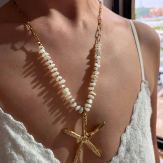 GHIDBK Statement Exaggerated Ocean Style Big Starfish Natural Shell Pendant Necklace for Women New Stainless Steel Beach Jewelry