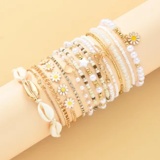Boho Daisy Starfish Rice Beads Bracelets for Women Stacked Heart Imitation Pearl Chain Bracelet Fashion Jewelry Beach Summer