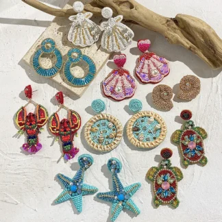Bohemia Handmade Beaded Shell Turtle Lobster Beach Drop Earrings For Women New Summer Colorful Starfish Pearl Wooden Earring